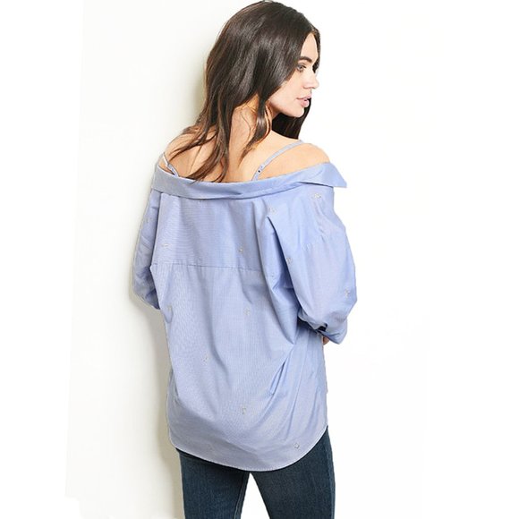 Embroidered Off Shoulder Straps Striped Poplin Top - Picture 7 of 9